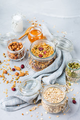Homemade granola muesli with ingredients, healthy food for breakfast