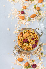 Homemade granola muesli with ingredients, healthy food for breakfast
