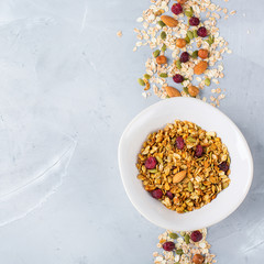 Homemade granola muesli with ingredients, healthy food for breakfast
