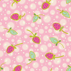 Pink vector repeat pattern with white soap bubble, dot and strawberry. Kawaii. Japanese comic style. Surface pattern design. Perfect for paper and textile projects. Bath products.