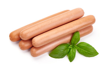 Fresh pork Boiled sausages with basil, macro, isolated on white background