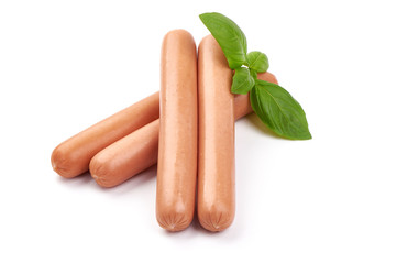 Fresh boiled sausages with basil, close-up, isolated on white background