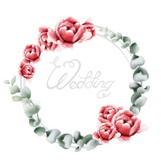 Wedding wreath roses watercolor Vector. Beautiful flowers card with green leaves. Summer botany decors