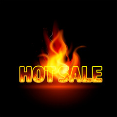 Obraz premium Realistic 3D Fire burning text Hot Sale, special offer banner. Hot red flame glowing on black barckground. For seasonal discount poster, illustration, flyer, black friday advertisement template