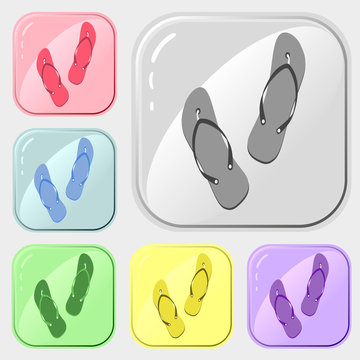 Flip flops icons set of 6 colorful collection. Vector drawing on white background. Simple pattern for design of logo for market, postcards, posters, textiles.