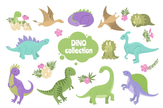 Set of cute dinosaurs isolated on white.