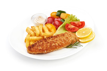 Portion of fried Fish with French Fries and vegetables, close-up, isolated on white background