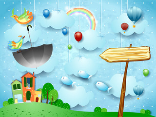 Fantasy landscape with arrow sign and flying umbrella and fishes