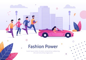 Fashion Power. Beautiful Woman in Pink Car Man Run