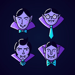 Halloween Character Dracula Vampire flat line style. Set of Vector illustration of man vampire icon isolated on a dark background