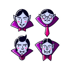 Halloween Character Dracula Vampire flat line style. Set of Vector illustration of man vampire icon isolated on white background.