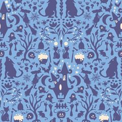 Seamless pattern of halloween spooky characters colored in blue silhouette. Reflected repeated style. Design for textile, fabric, decoration, wallpaper, wrapping, scrapbook, packaging