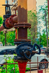 Rusty Gas pipes, natural gas transport system. Communications, stop valves and local gas pumping station