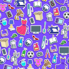 Seamless pattern on a theme of products and shopping, simple sticker icons, color patch  icons on purple background