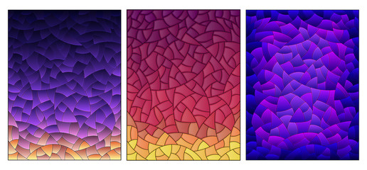 Illustration in stained glass style with set of abstract blue-purple gradient backgrounds, imitation of the night sky