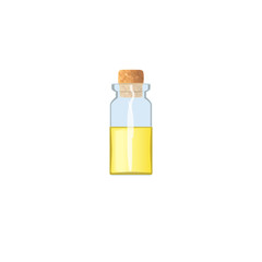 Oil empty phial with yellow liquid and cork, tranparent icy-white vial, scent bottle, medicine bottle
