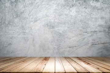 Wood shelf table isolated on a white cement backgrounds, for display products.