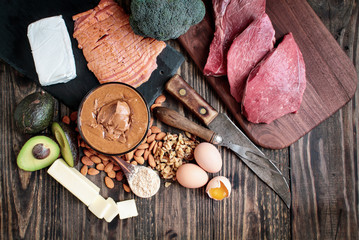Selection of good fat sources for keto lifestyle. Meat-beef, smoked salmon, eggs, nut butter, nuts,...