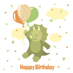 Happy birthday card with cute cartoon dinosaur.