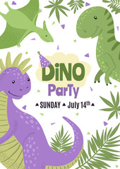 Vector Birthday Party Invitation with cute dinosaurs.