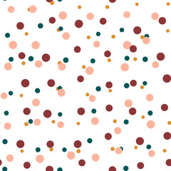 Messy dots on white background. Colorful festive seamless pattern with round shapes. Grunge dotted texture for wrapping paper, web. Vector illustration. 