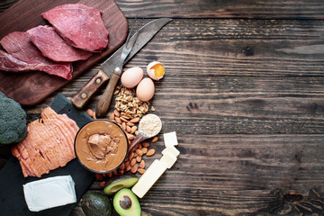 Selection of good fat sources for keto lifestyle. Meat-beef, smoked salmon, eggs, nut butter, nuts, avocado, broccoli, cream cheese, real butter and peanut butter protein.. Ketogenic diet concept. 