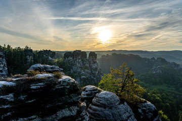 rocks in saxon switzerland at sunrise, germany