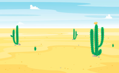 Desert with cactus landscape view. Sand and cacti. Beautiful sunny summer scene. Hot and wild. Vector cartoon flat illustration.