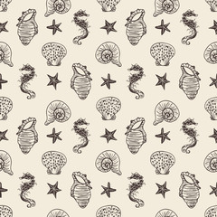 Beige and brown vector seahorse, starfish and seashell seamless pattern background.