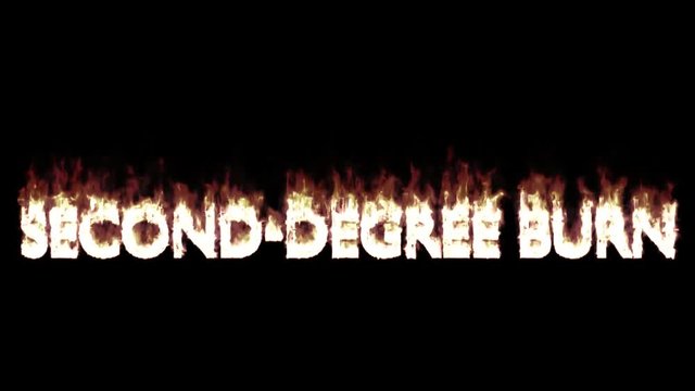 Animated burning or engulf in flames all caps text Second-Degree Burn. Isolated and against black background, mask included.