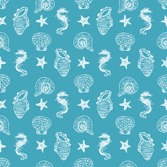 Monochrome blue vector line art seahorse, starfish and seashell seamless pattern background.
