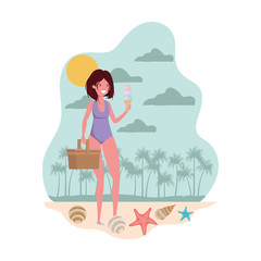 woman with swimsuit and straw picnic