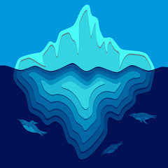 Illustration with iceberg and penguins swimming underwater. Vector background.