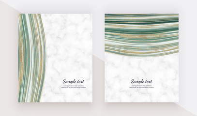 Liquid design cards with marble texture. Green with golden glitter ink painting background. Trendy templates for banner, flyer, poster, save the date, greeting