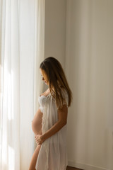 Naklejka premium Portrait of young pregnant attractive woman, standing by the window