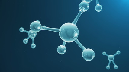 3D rendering molecule structure. Scientific medical background with atoms and molecules. Blue background. Scientific animation for your banner, text. Molecule consists of atoms chemical element