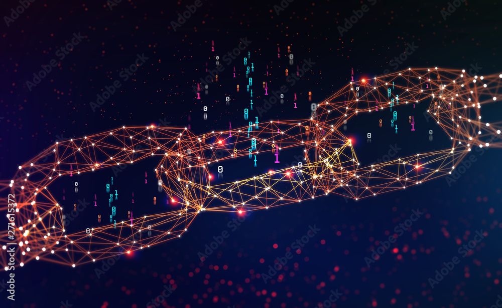 Aufkleber Blockchain. Chain of information blocks in cyberspace. 3D illustration of a global computer network of the future. Data protection on the decentralized internet