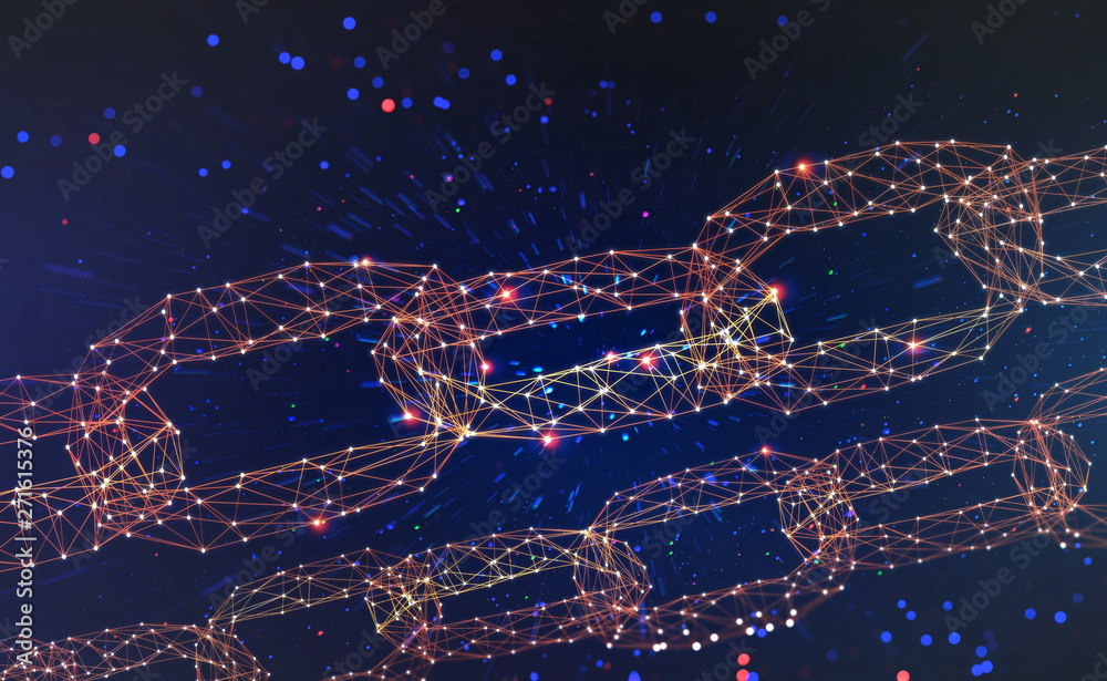 Poster Blockchain. Chain of information blocks in cyberspace. 3D illustration of a global computer network of the future. Data protection on the decentralized internet