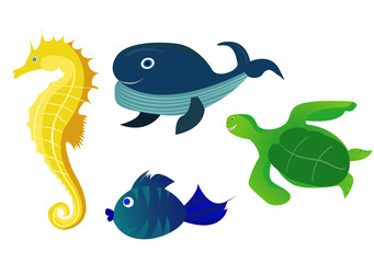 Vector Set Of Cartoon Sea Animals Isolated