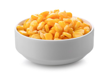 corn in a bowl on a white background.