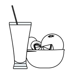 Natural juice cup and fruits in bowl in black and white