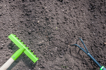 small green garden rake on black ground top view