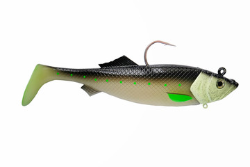 Silicone fish. green color Fishing bait isolated on white background. Photo with clipping path.