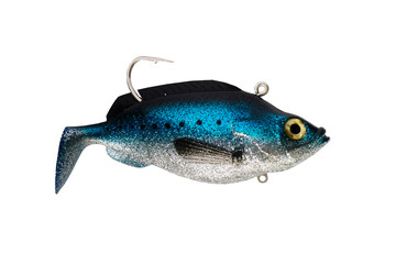 Silicone fish. blue color Fishing bait isolated on white background. Photo with clipping path.