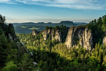 rocks in saxon switzerland at sunrise, germany