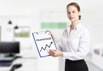 Business, technology, internet and networking concept. Young entrepreneur showing keyword: Franchise