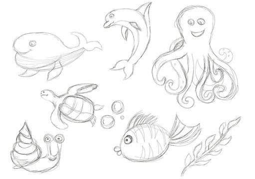 Set sketch sea animals on a white background. Vector illustration.