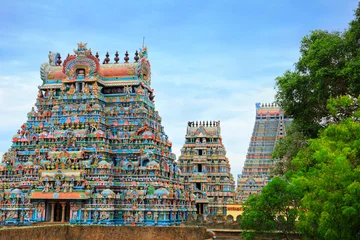 Fotobehang Mooie Gopuras in de hindoeïstische Jambukeswarar-tempel in Trichy (Tiruchirapalli), Tamil Nadu, Zuid-India © little_mouse