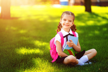 Little school girl with pink backpack sitting on grass after lessons looking at camera, read book or study lessons, thinking ideas, education and learning concept.