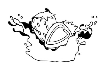 Strawberry with resfreshment drink splash in black and white